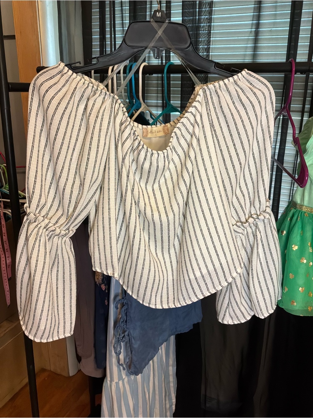 Altar'd State White Blouse with Black Pinstripes and Balloon Sleeves